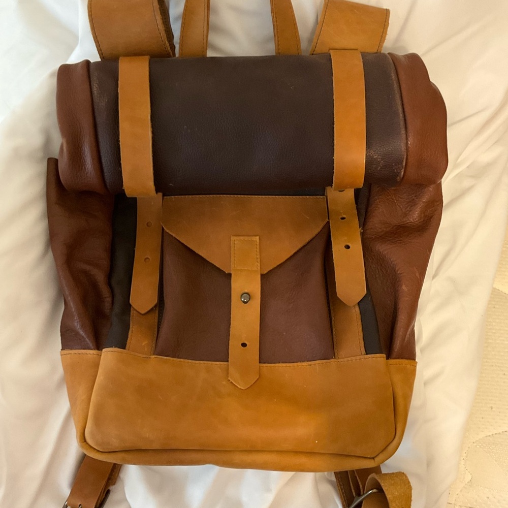 Brown Leather Men's Roll-up Backpack